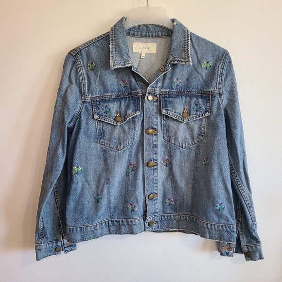 The GREAT. The Boxy Jean Jacket Flower Embroidery Slightly Distressed Size 1 - Picture 1 of 11